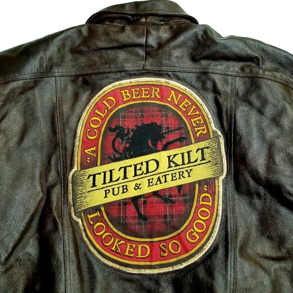 Rare Tilted Kilt Pub White Marsh Burks Bay Mens Leather Bomber Jacket Brown XL - Picture 9 of 12